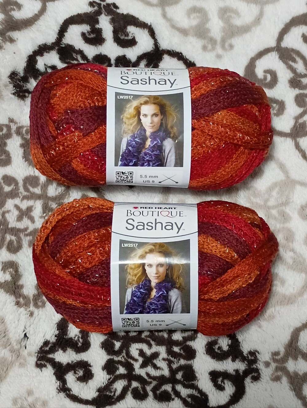 x2 Red Heart Boutique Sashay Ribbon Yarn in Red & Orange Tones - Brand New